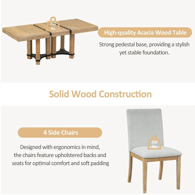 Ensemble de salle à manger rustique 7 pièces avec table extensible et rallonge amovible de 45 cm