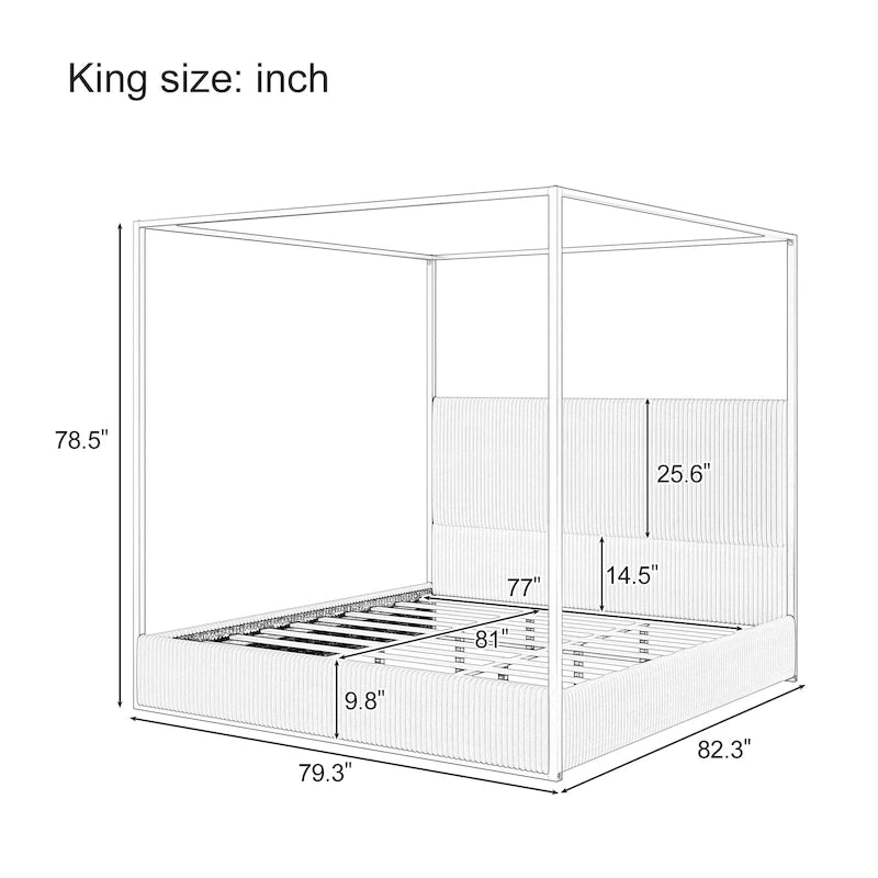 Lit à baldaquin moderne en métal de luxe avec tête de lit capitonnée haute et quatre montants