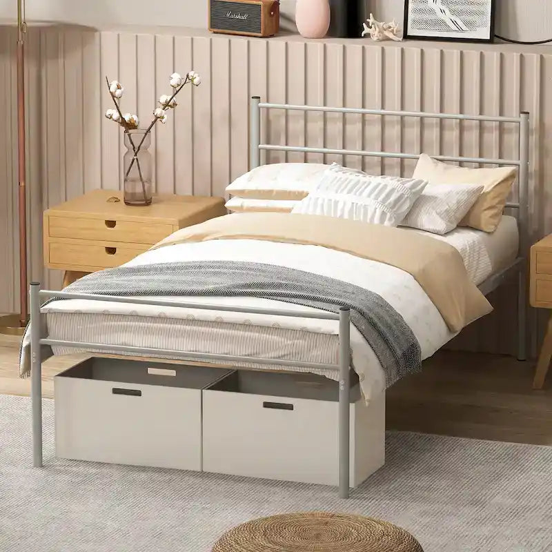 Cadre de lit simple en métal avec sommier intégré, aucun sommier tapissier requis