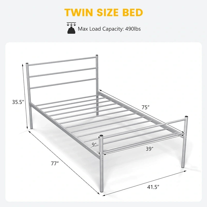 Cadre de lit simple en métal avec sommier intégré, aucun sommier tapissier requis