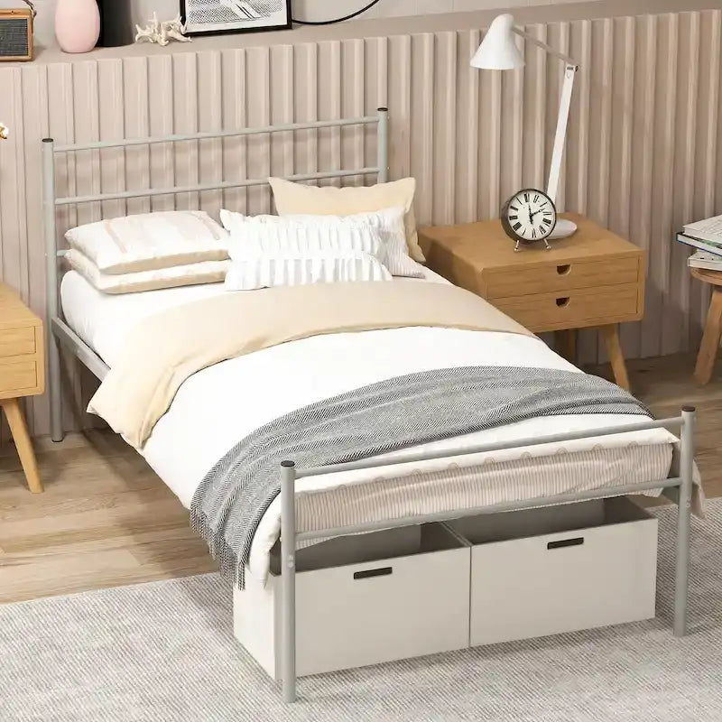 Cadre de lit simple en métal avec sommier intégré, aucun sommier tapissier requis