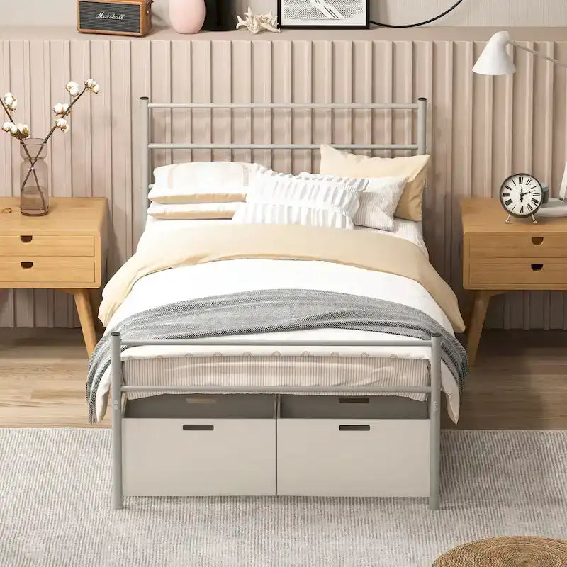 Cadre de lit simple en métal avec sommier intégré, aucun sommier tapissier requis
