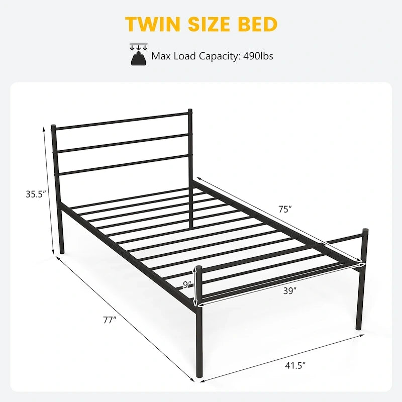 Cadre de lit simple en métal avec sommier intégré, aucun sommier tapissier requis