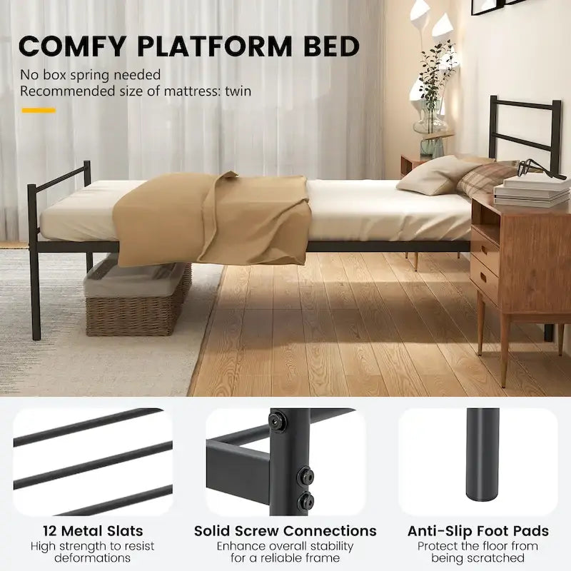 Cadre de lit simple en métal avec sommier intégré, aucun sommier tapissier requis