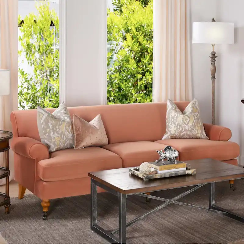 Canapé de salon de 88 po à trois coussins avec accoudoirs roulés et dossier fixe, assemblage minimal requis