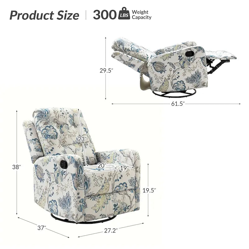 Fauteuil inclinable pivotant manuel floral avec dossier capitonné, lot de 2