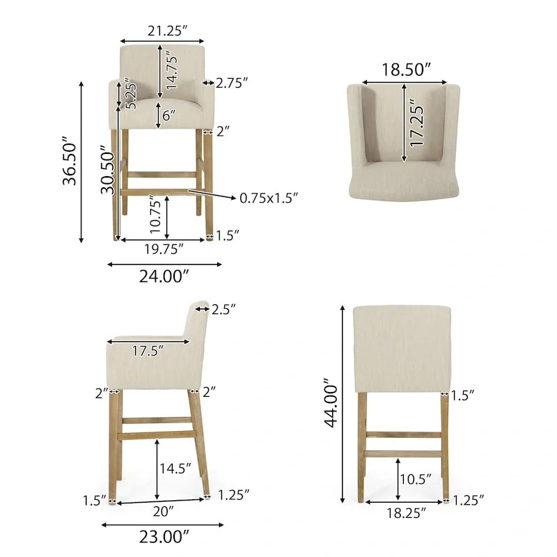 Tabourets de bar de 30,5 pouces en tissu et hévéa (lot de 2)