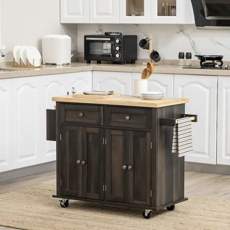 Îlot de cuisine sur roulettes, chariot roulant avec plateau en bois d'hévéa, porte-épices, porte-serviettes et tiroirs pour salle à manger, chêne brun