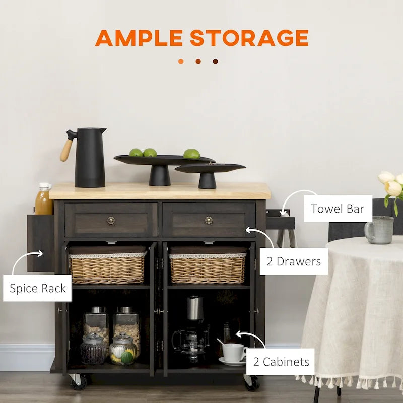 Îlot de cuisine sur roulettes, chariot roulant avec plateau en bois d'hévéa, porte-épices, porte-serviettes et tiroirs pour salle à manger, chêne brun