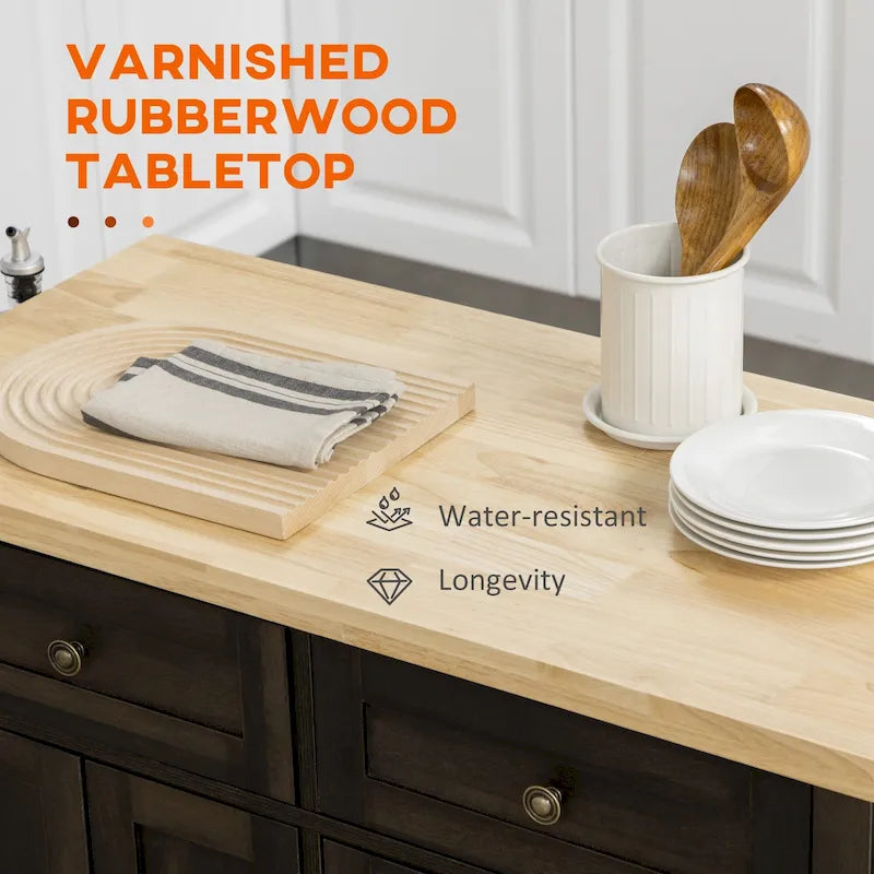 Îlot de cuisine sur roulettes, chariot roulant avec plateau en bois d'hévéa, porte-épices, porte-serviettes et tiroirs pour salle à manger, chêne brun