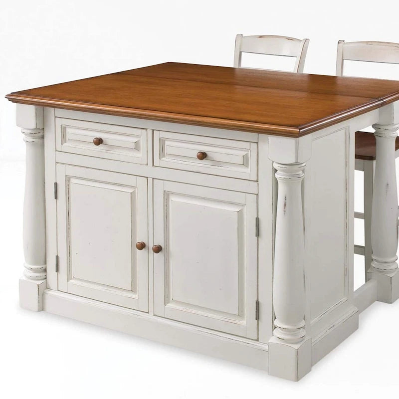 Ensemble îlot de cuisine 3 pièces en bois écru avec plateau rabattable – 122 x 63,5 x 91,5 cm