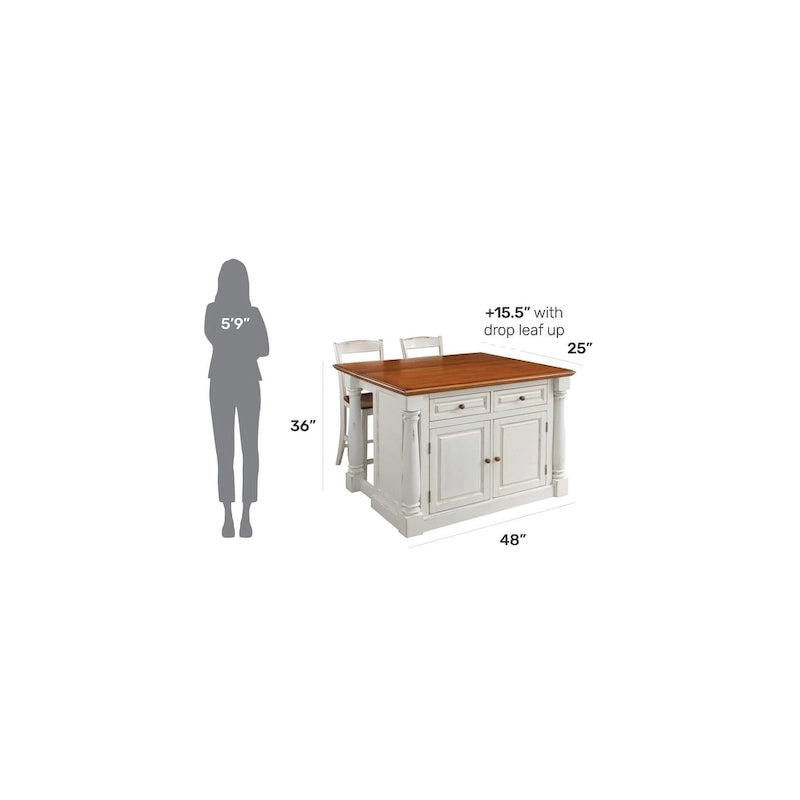 Ensemble îlot de cuisine 3 pièces en bois écru avec plateau rabattable – 122 x 63,5 x 91,5 cm