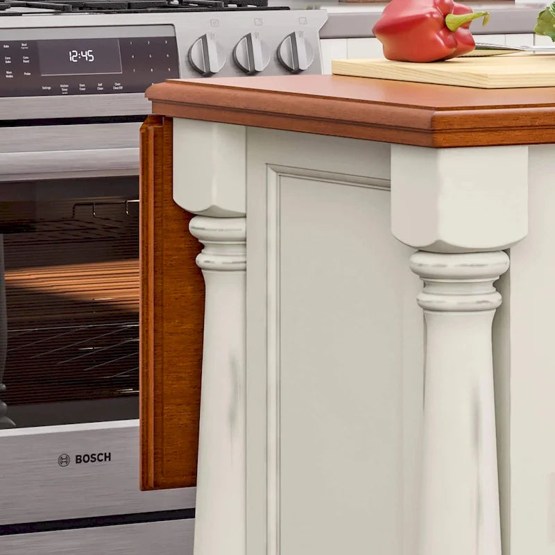 Ensemble îlot de cuisine 3 pièces en bois écru avec plateau rabattable – 122 x 63,5 x 91,5 cm