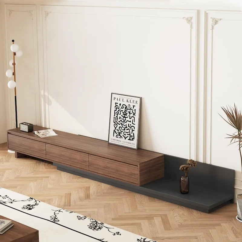 Meuble TV moderne extensible 118 avec 3 tiroirs spacieux, console multimédia à longueur réglable pour salon