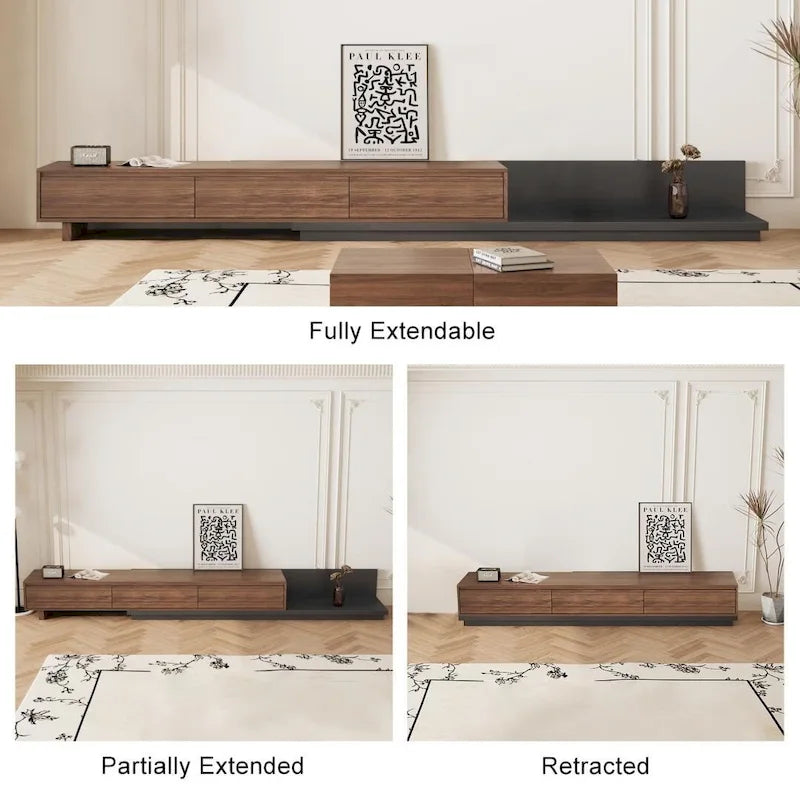 Meuble TV moderne extensible 118 avec 3 tiroirs spacieux, console multimédia à longueur réglable pour salon