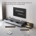 Meuble TV moderne extensible 118 avec 3 tiroirs spacieux, console multimédia à longueur réglable pour salon