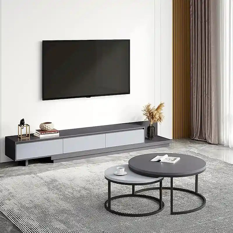 Meuble TV moderne extensible 118 avec 3 tiroirs spacieux, console multimédia à longueur réglable pour salon