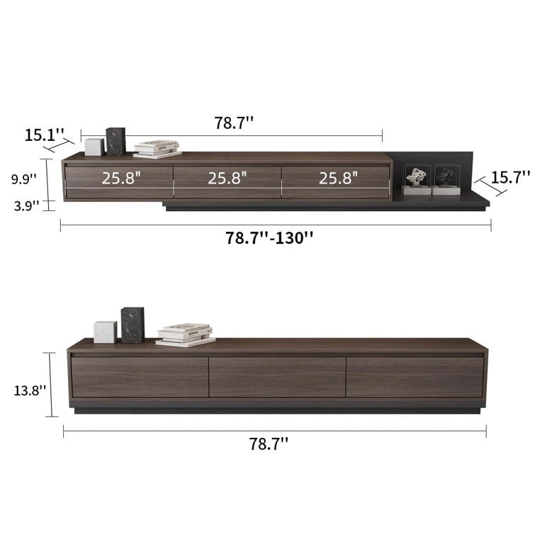 Meuble TV moderne extensible 118 avec 3 tiroirs spacieux, console multimédia à longueur réglable pour salon