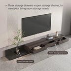 Meuble TV moderne extensible 118 avec 3 tiroirs spacieux, console multimédia à longueur réglable pour salon
