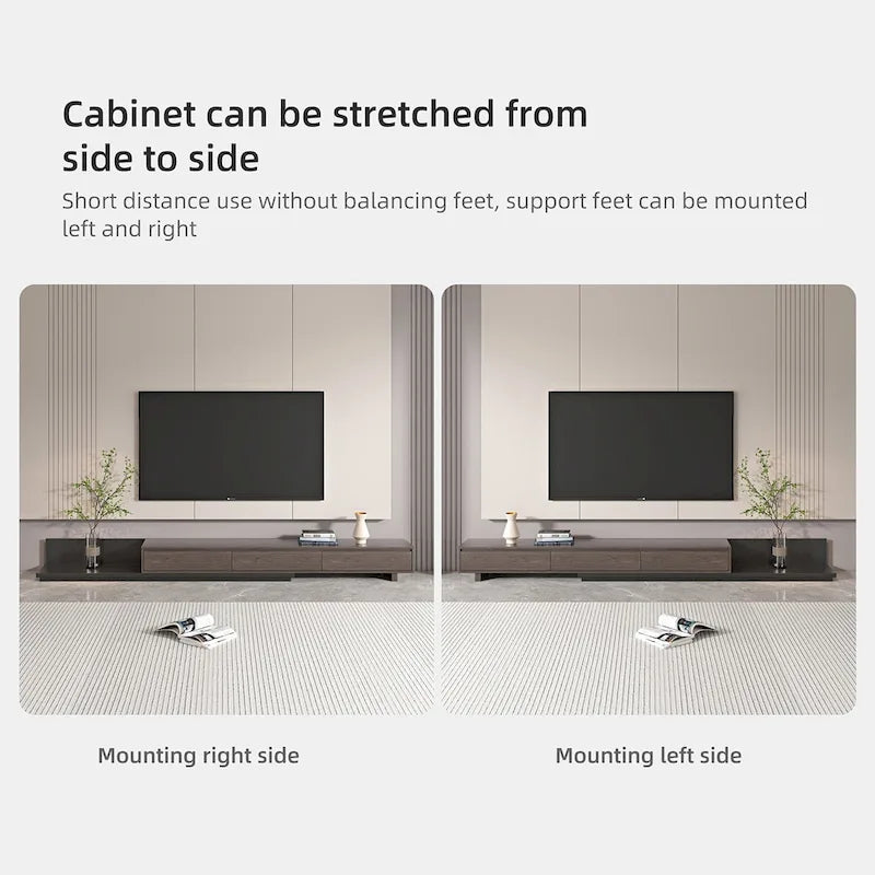 Meuble TV moderne extensible 118 avec 3 tiroirs spacieux, console multimédia à longueur réglable pour salon