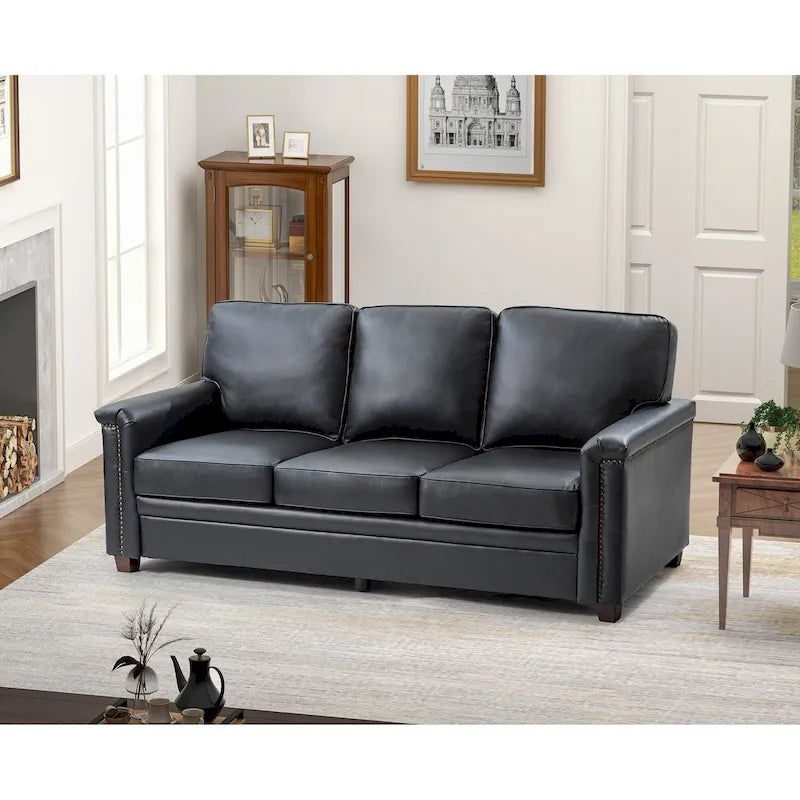 Rita Living Room 3-Seat Genuine Leather Sofa with Solid Wood Legs and Nailhead