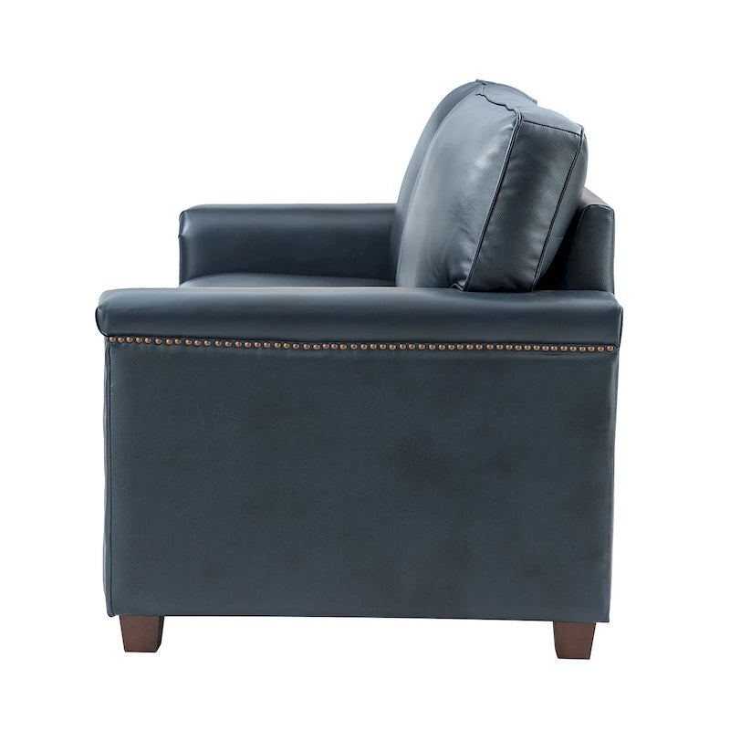 Canapé 3 places en cuir véritable avec pieds en bois massif et clous décoratifs pour salon