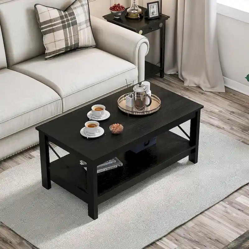 Table basse d'appoint en bois style rustique avec grande étagère de rangement