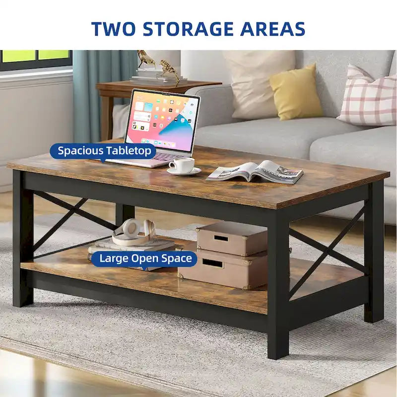 Table basse d'appoint en bois style rustique avec grande étagère de rangement