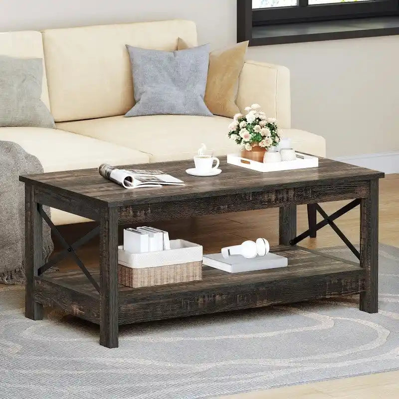 Table basse d'appoint en bois style rustique avec grande étagère de rangement