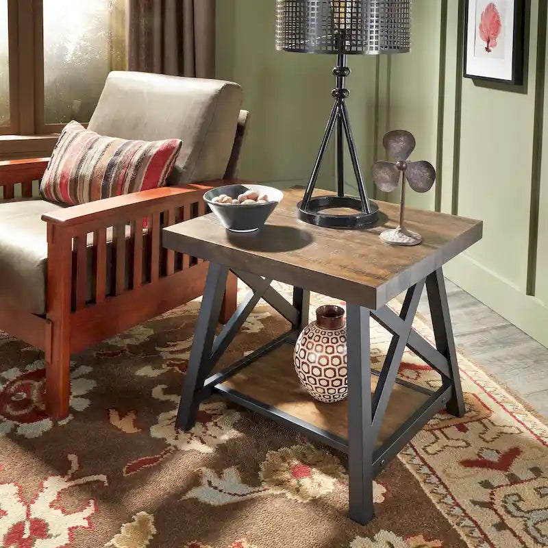 Table d'appoint rustique en X avec étagère