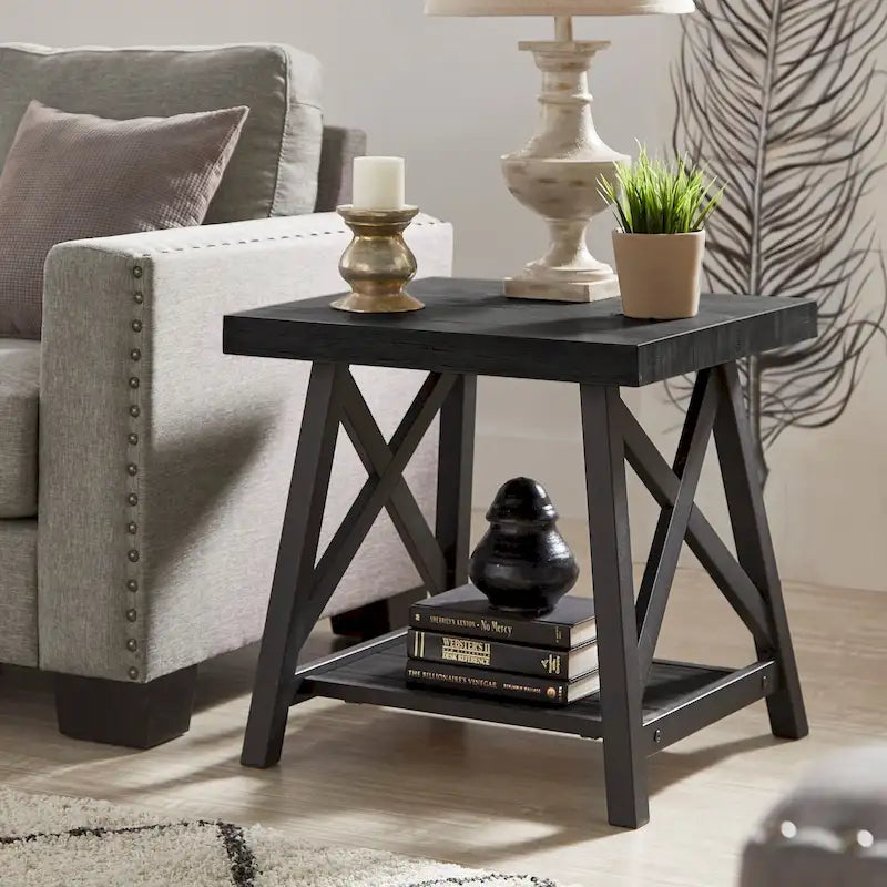 Table d'appoint rustique en X avec étagère