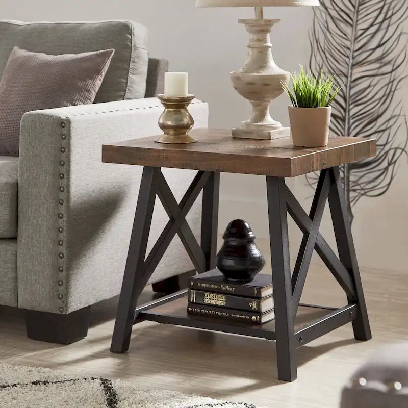 Table d'appoint rustique en X avec étagère