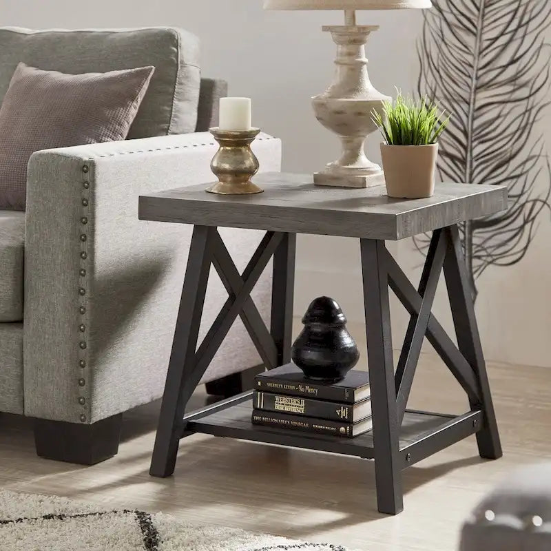 Table d'appoint rustique en X avec étagère