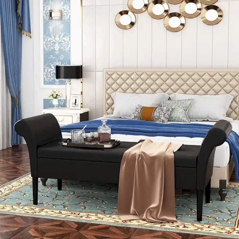 Banc de rangement ottoman avec accoudoirs, banquette de rangement capitonnée pour chambre à coucher, banc d'entrée, repose-pieds avec grand espace de rangement