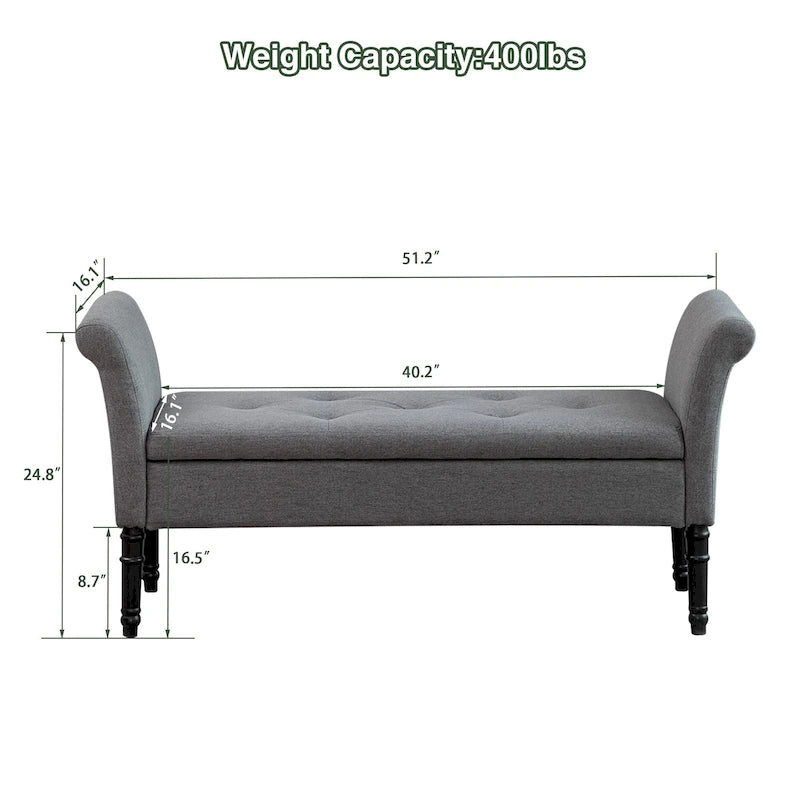 Banc de rangement ottoman avec accoudoirs, banquette de rangement capitonnée pour chambre à coucher, banc d'entrée, repose-pieds avec grand espace de rangement