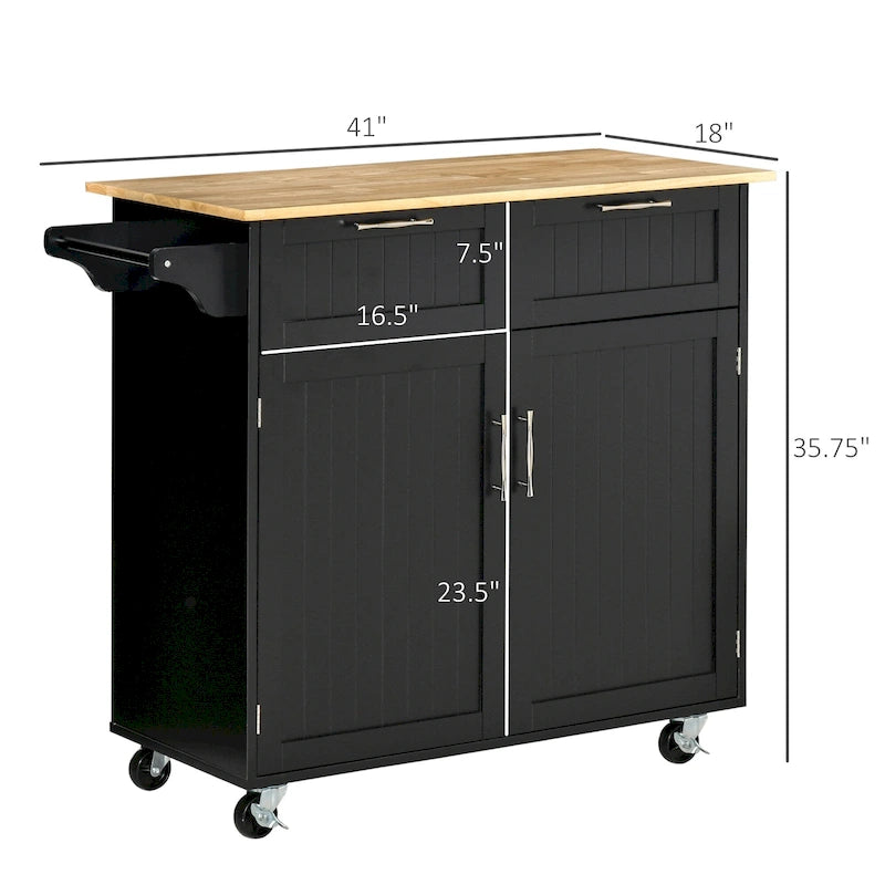 Dessert roulante de cuisine moderne de 41 pouces, Chariot de rangement de cuisine avec dessus en bois d'hévéa, 2 tiroirs et porte-serviettes