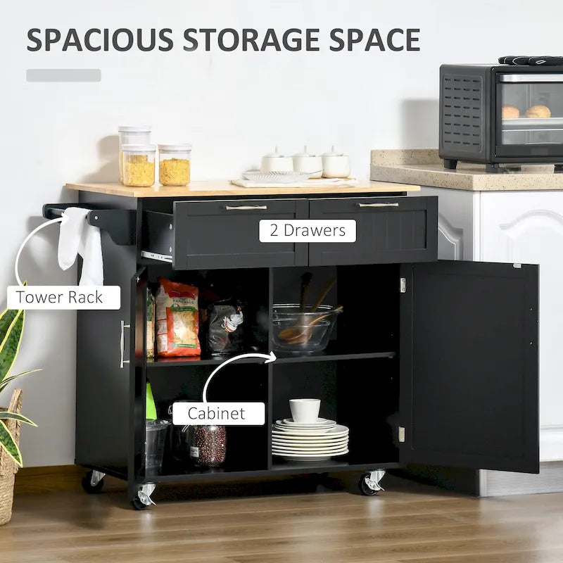 Dessert roulante de cuisine moderne de 41 pouces, Chariot de rangement de cuisine avec dessus en bois d'hévéa, 2 tiroirs et porte-serviettes
