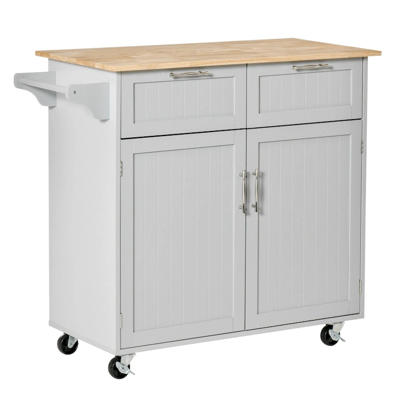 Dessert roulante de cuisine moderne de 41 pouces, Chariot de rangement de cuisine avec dessus en bois d'hévéa, 2 tiroirs et porte-serviettes