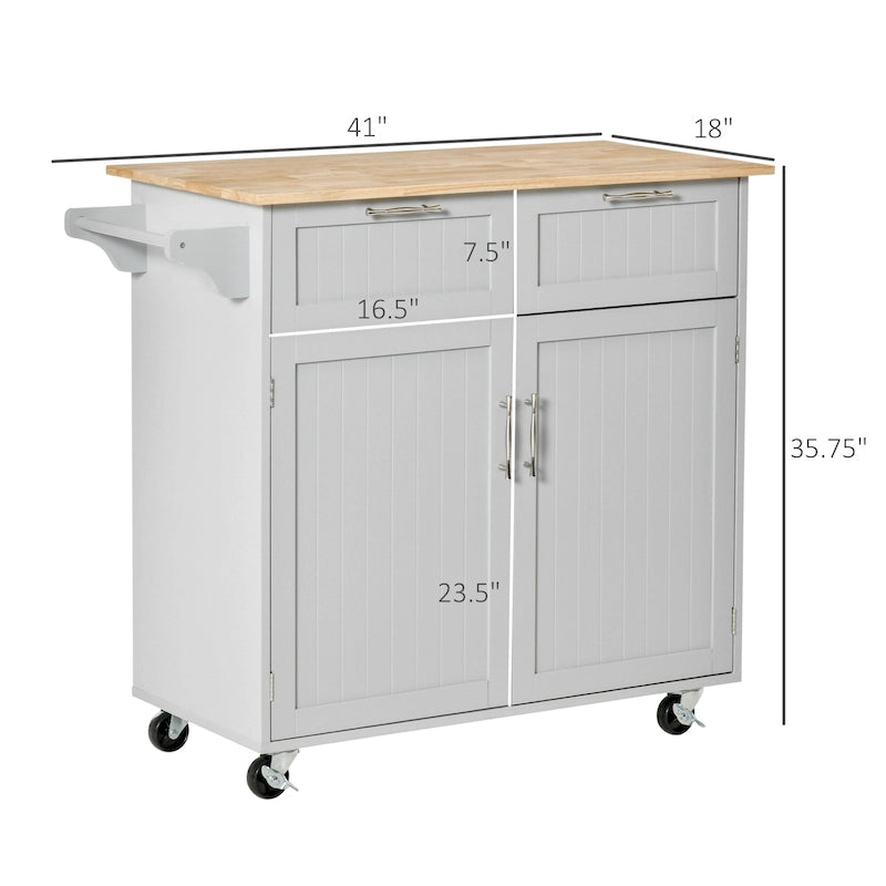 Dessert roulante de cuisine moderne de 41 pouces, Chariot de rangement de cuisine avec dessus en bois d'hévéa, 2 tiroirs et porte-serviettes