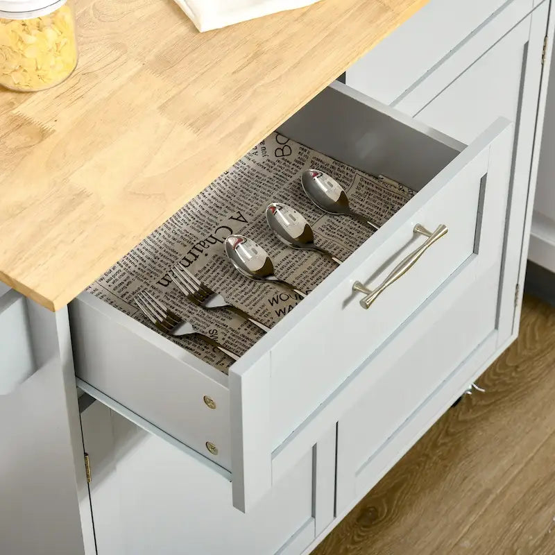 Dessert roulante de cuisine moderne de 41 pouces, Chariot de rangement de cuisine avec dessus en bois d'hévéa, 2 tiroirs et porte-serviettes