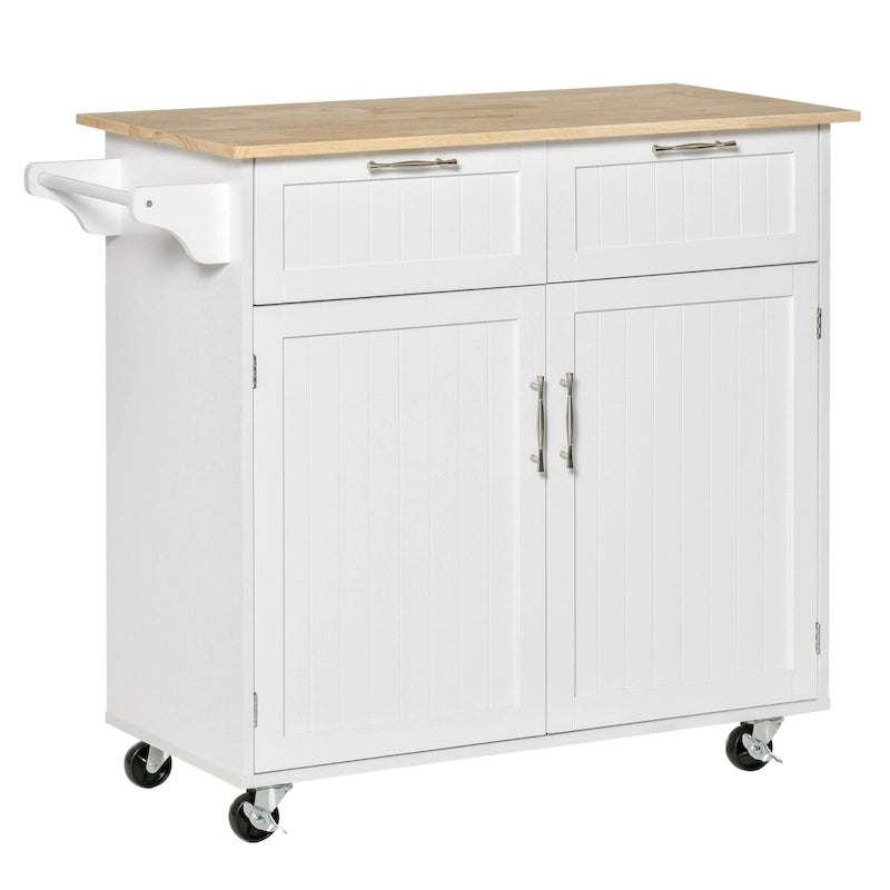 Dessert roulante de cuisine moderne de 41 pouces, Chariot de rangement de cuisine avec dessus en bois d'hévéa, 2 tiroirs et porte-serviettes