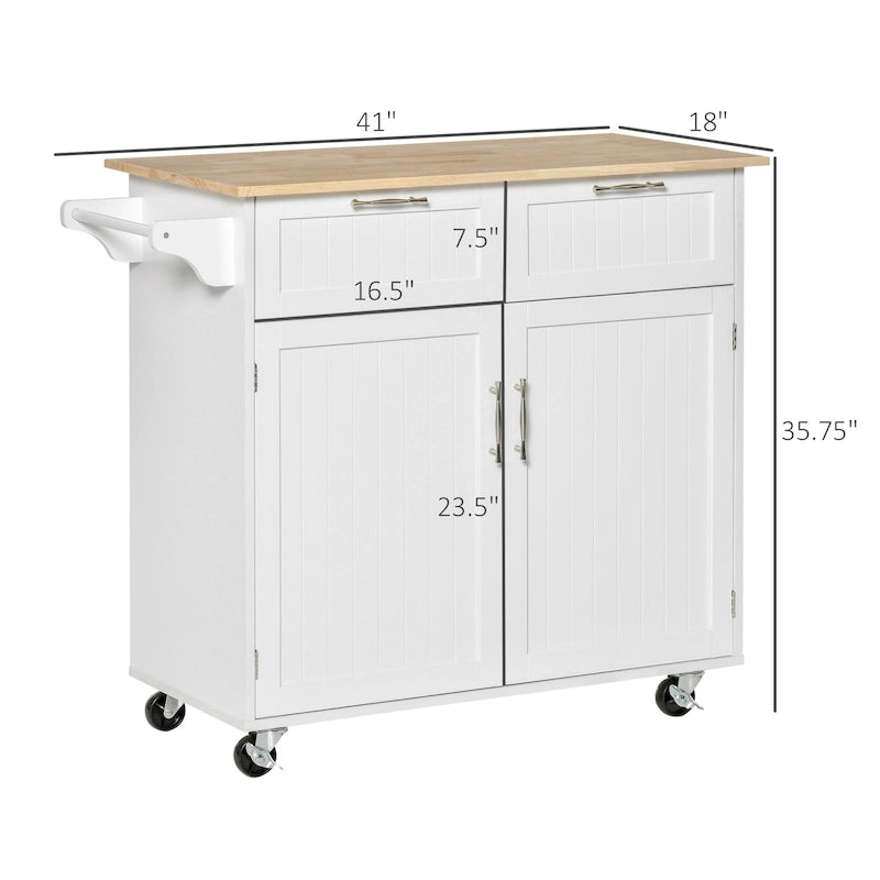 Dessert roulante de cuisine moderne de 41 pouces, Chariot de rangement de cuisine avec dessus en bois d'hévéa, 2 tiroirs et porte-serviettes