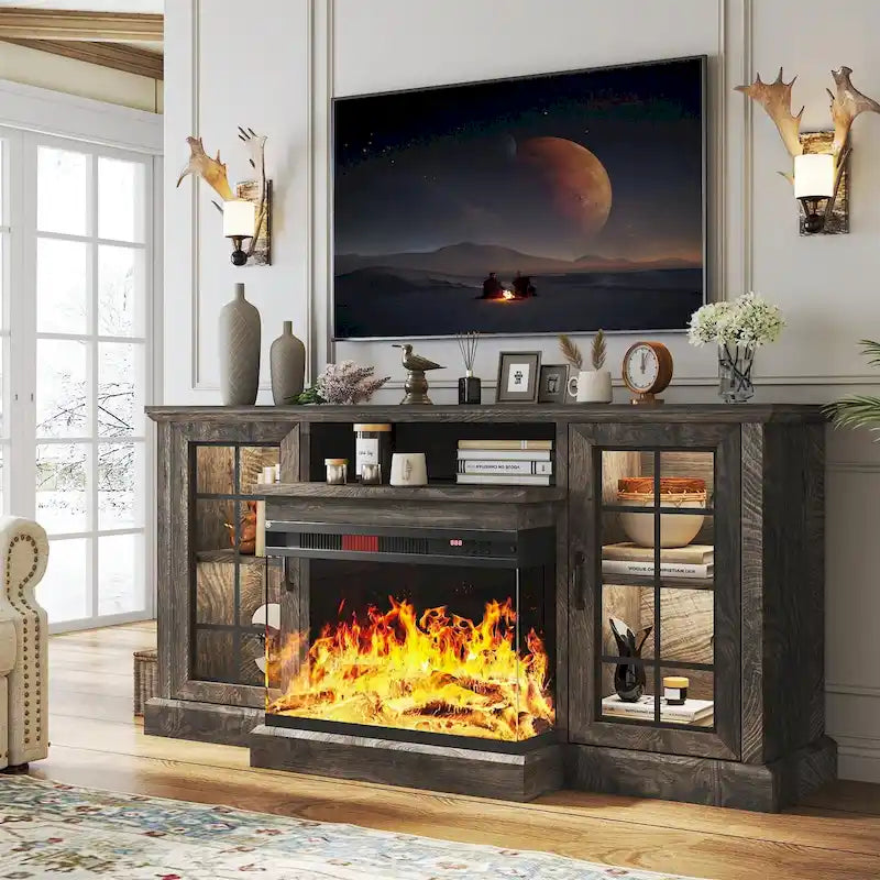 Meuble TV de cheminée de 59 po avec foyer électrique vitré sur 3 côtés