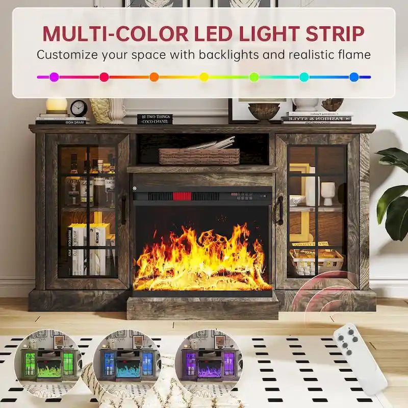 Meuble TV de cheminée de 59 po avec foyer électrique vitré sur 3 côtés