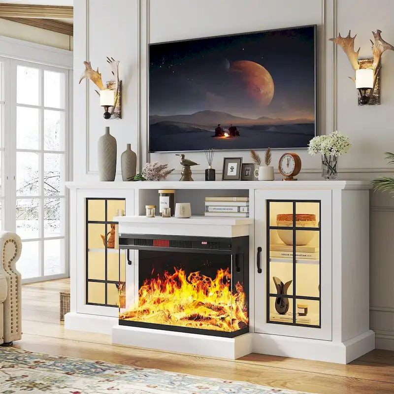 Meuble TV de cheminée de 59 po avec foyer électrique vitré sur 3 côtés
