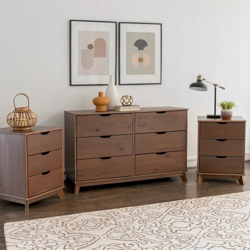 Ensemble de chambre à coucher 3 pièces en pin avec commode à 6 tiroirs et tables de chevet à 3 tiroirs (ensemble de 2)