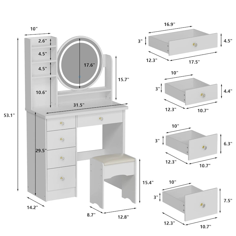 Coiffeuse avec miroir tactile et tabouret