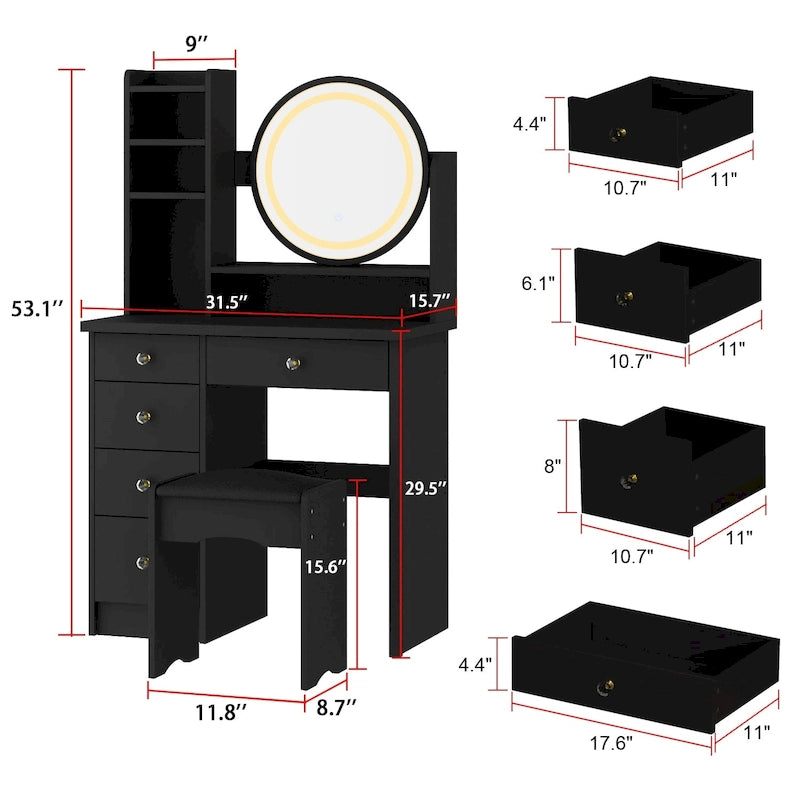 Coiffeuse avec miroir tactile et tabouret