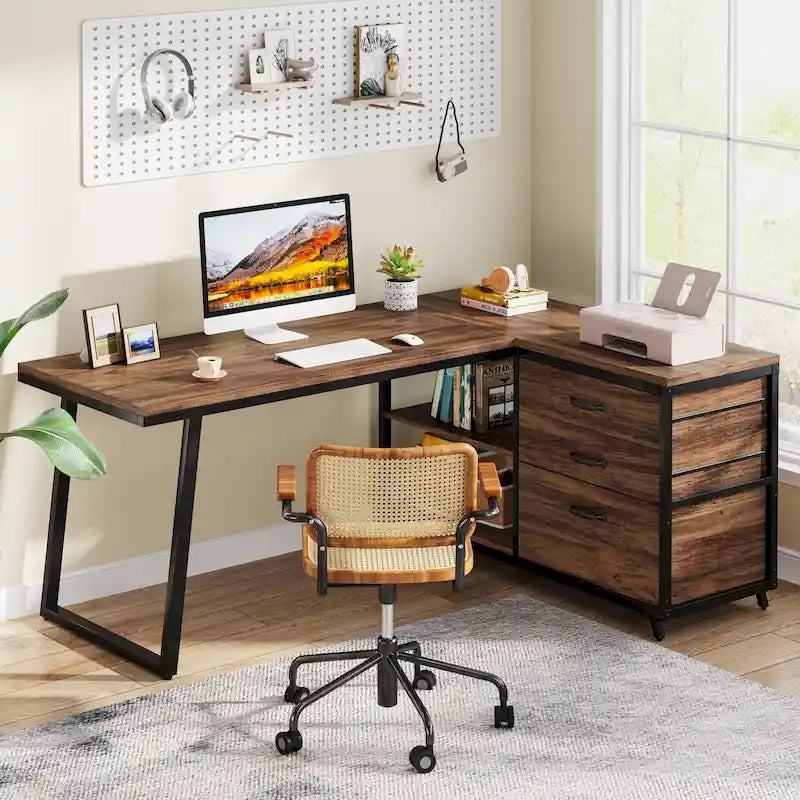 Bureau d'angle en L réversible avec tiroirs de classement, bureau d'ordinateur d'angle