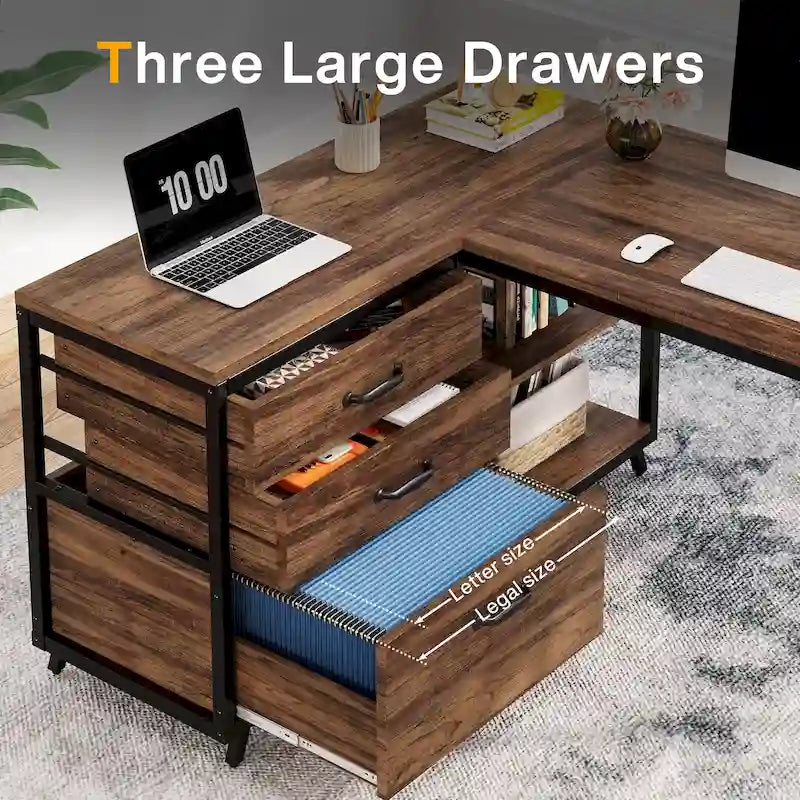 Bureau d'angle en L réversible avec tiroirs de classement, bureau d'ordinateur d'angle